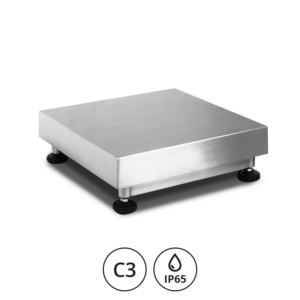 Rustfri bordvekt og gulvvekt fra PBI-serien med IP65-klassifisering, kapasitet opptil 600 kg og justerbare føtter.