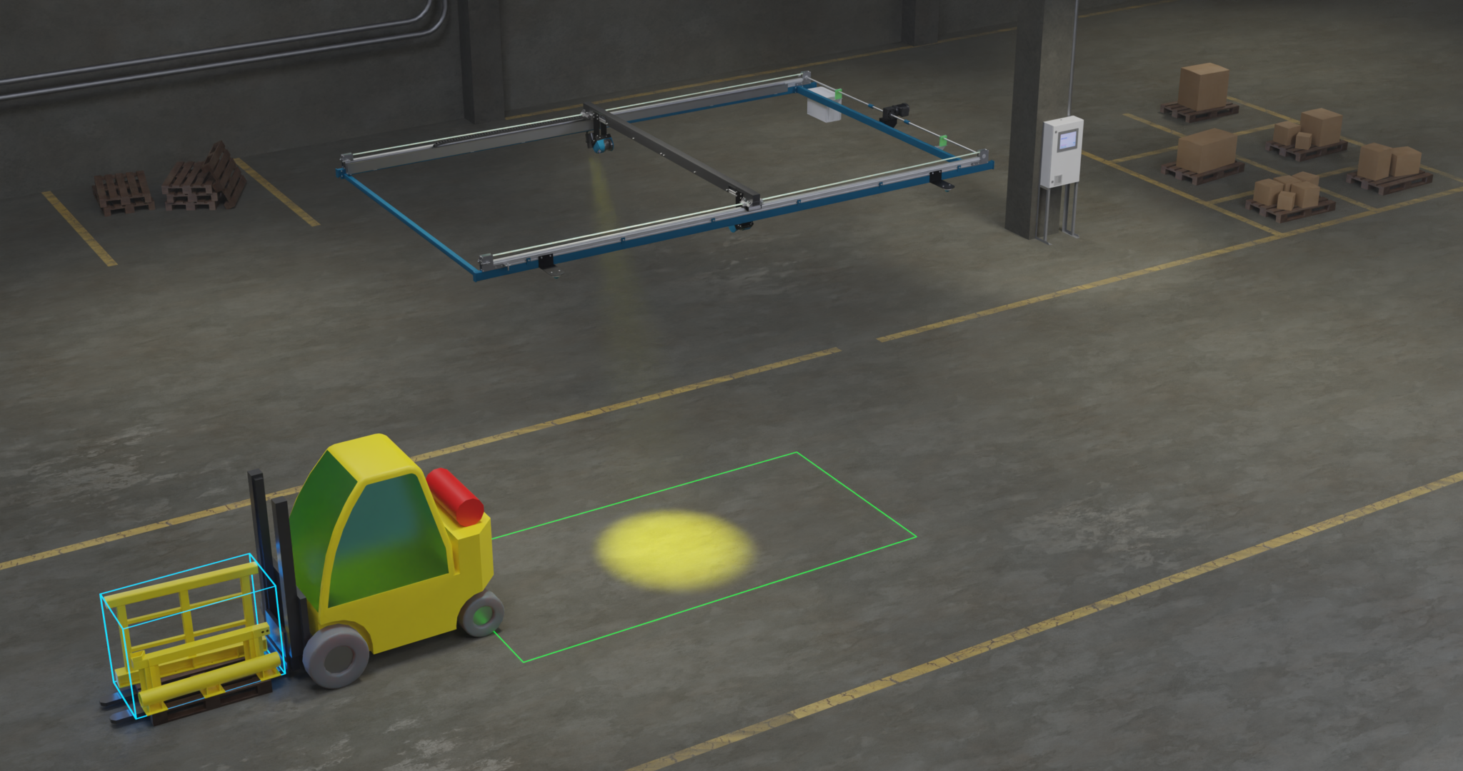 Tamtron Apache Stop and Go volumskanner gir rask og presis måling av paller og kolli i bevegelse. Pakkeskanner ideell for effektiv logistikk og sømløs dataoverføring til WMS og ERP